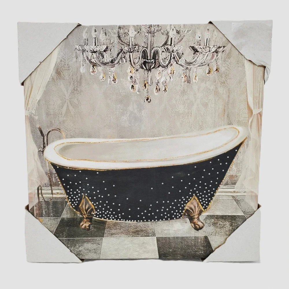 Glam‎ Rhinestone Embellished Clawfoot Bathtub Chandelier Canvas Wall Art Decor